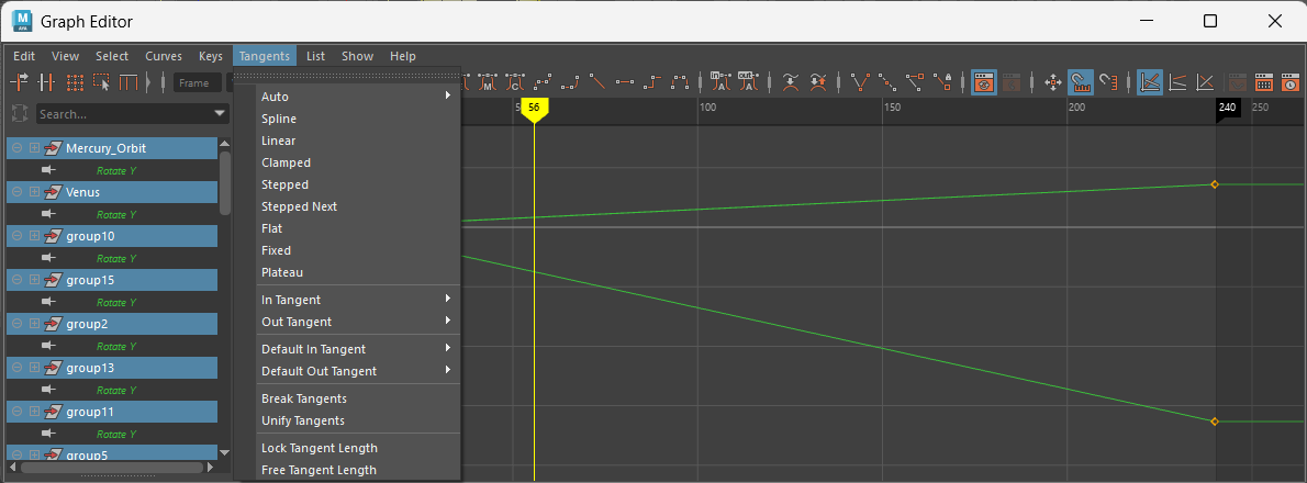 A screenshot of the graph editor with the Tangents tab open