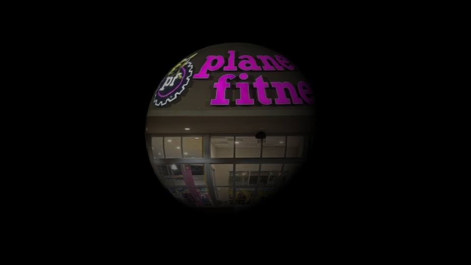 A render of a sphere with an image of planet fitness textured on